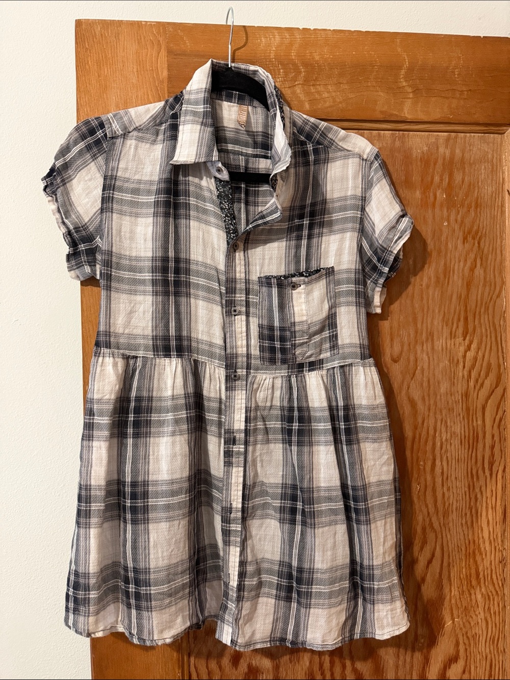 Free People Short-Sleeve Plaid Shirt in Black and White